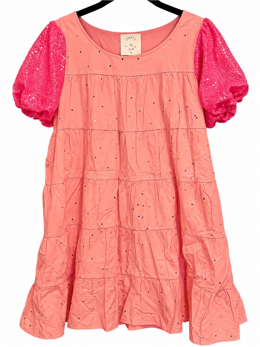 Fantastic Fawn Pink Multicolor Beaded Dress with Hot Pink Sequin Puff Sleeves